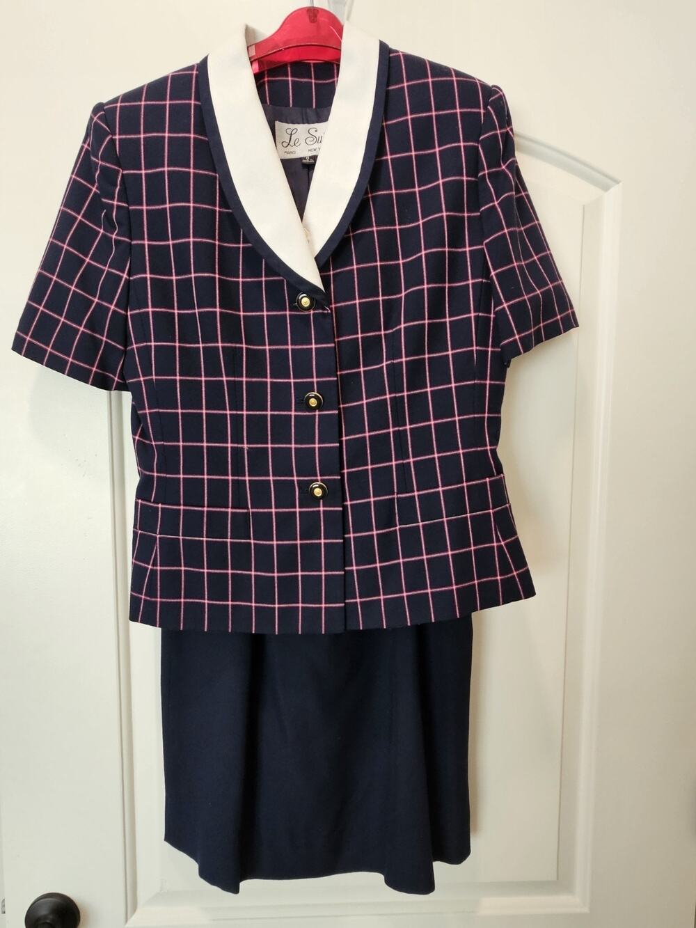 Vintage Le Suit Navy Pink Check Plaid Lined Short Sleeve Skirt Set Size 8